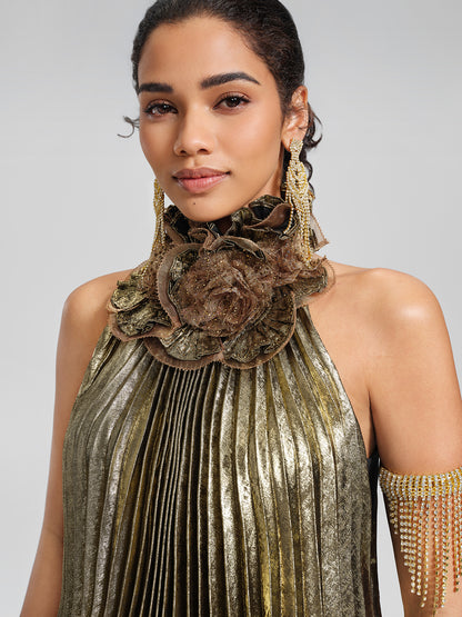 Metallic Pleated Organza-Floral Blouse