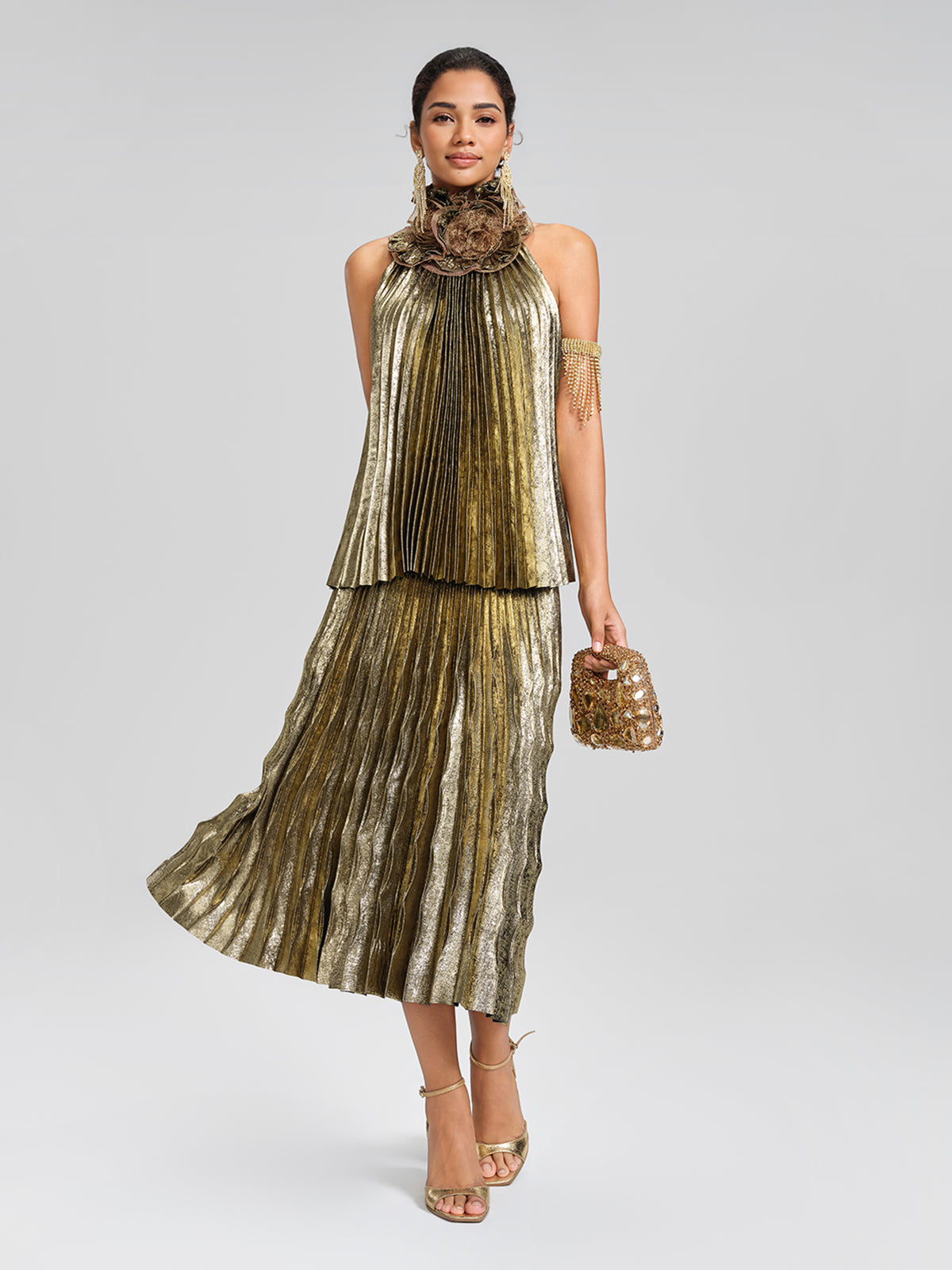 Metallic Pleated Organza-Floral Blouse