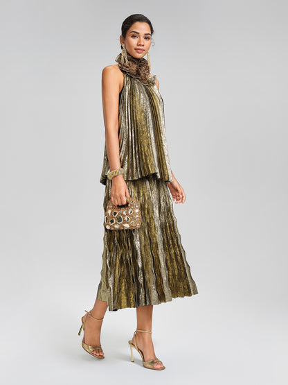 Metallic Pleated Elastic-Waist A-Line Skirt