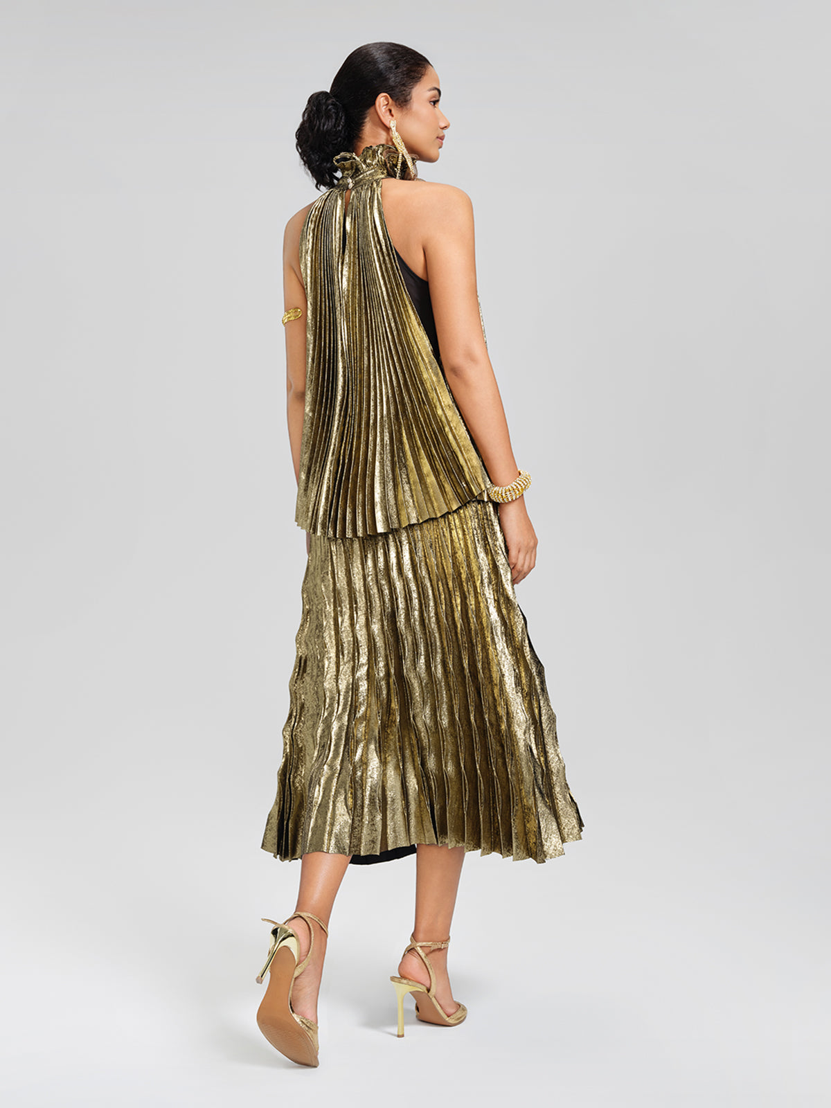 Metallic Pleated Elastic-Waist A-Line Skirt