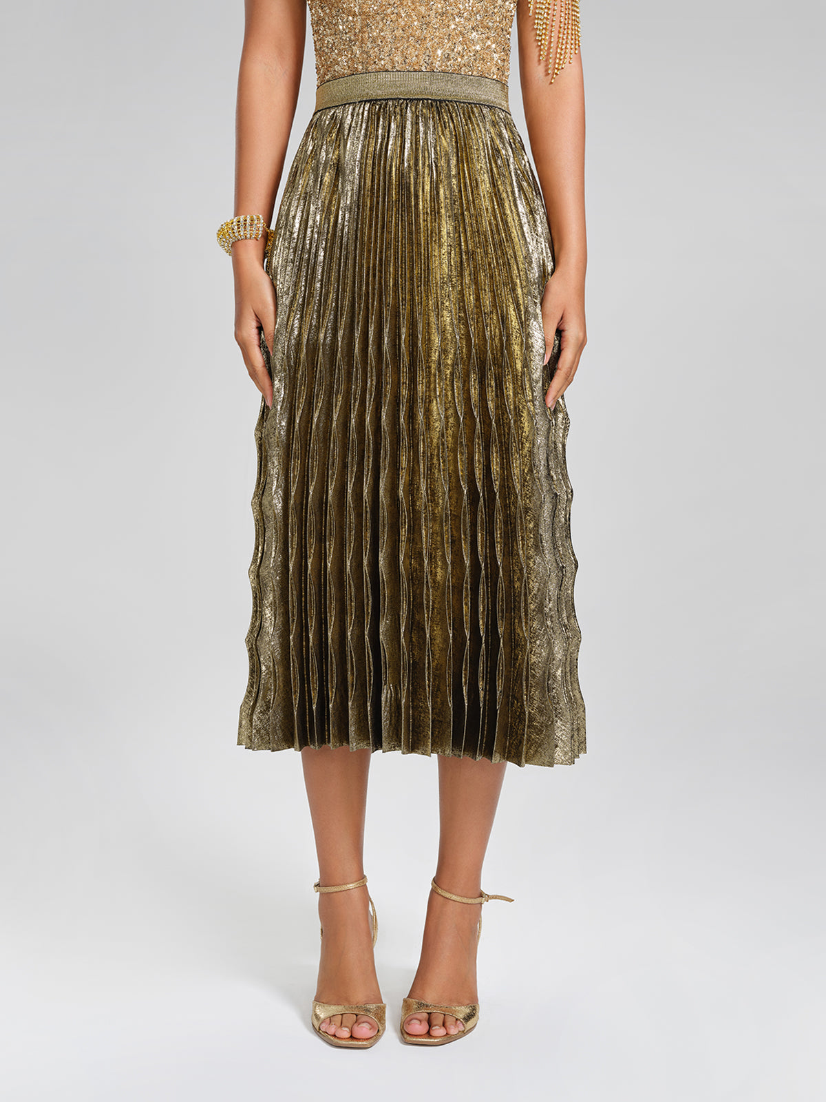 Metallic Pleated Elastic-Waist A-Line Skirt