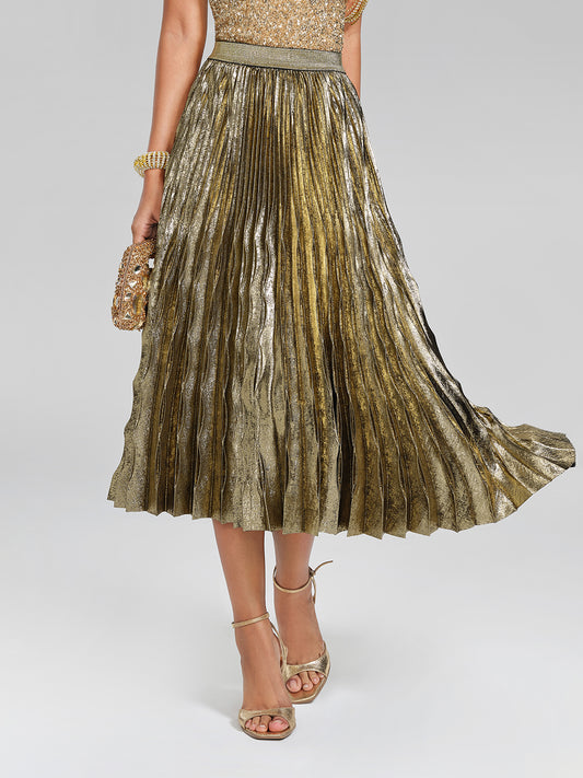 Metallic pleated midi skirt