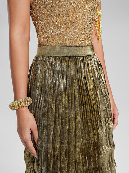 Metallic Pleated Elastic-Waist A-Line Skirt