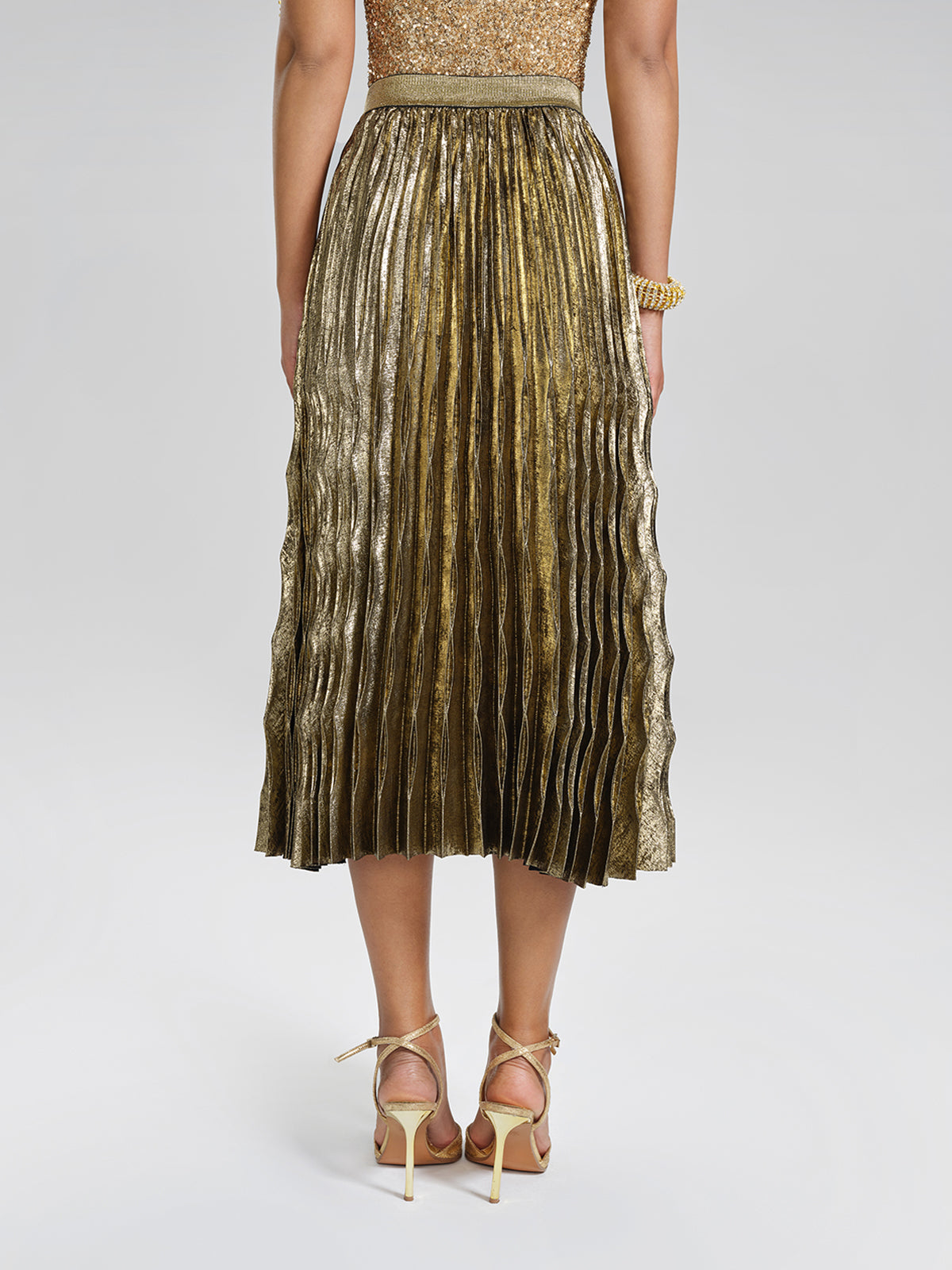 Metallic Pleated Elastic-Waist A-Line Skirt