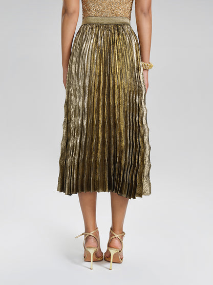 Metallic Pleated Elastic-Waist A-Line Skirt