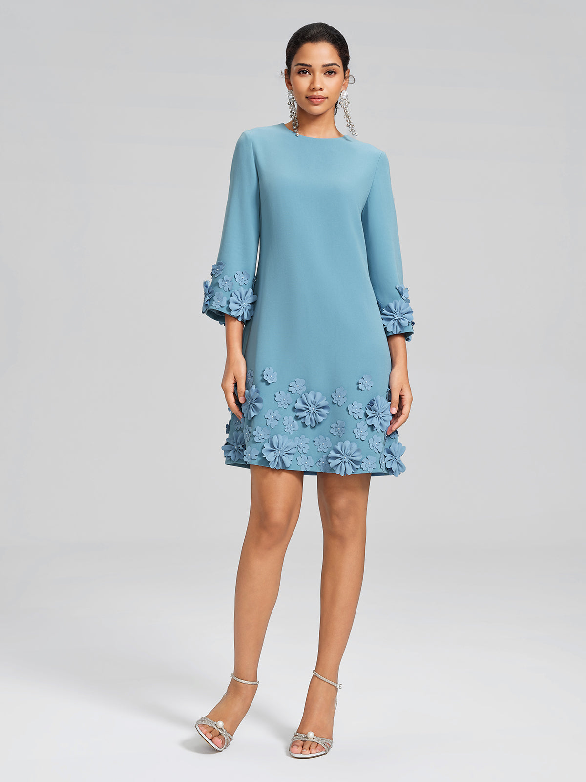 Women’s 3D Floral Embellished Shift Lake-Blue Dress, BLUE / XL