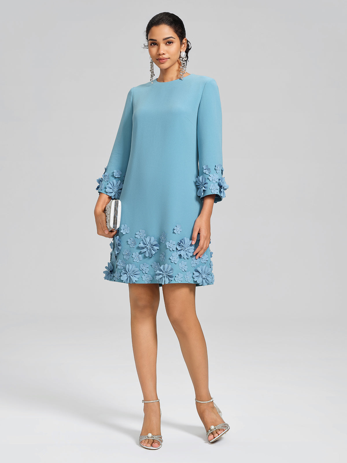 Women’s 3D Floral Embellished Shift Lake-Blue Dress, BLUE / XL