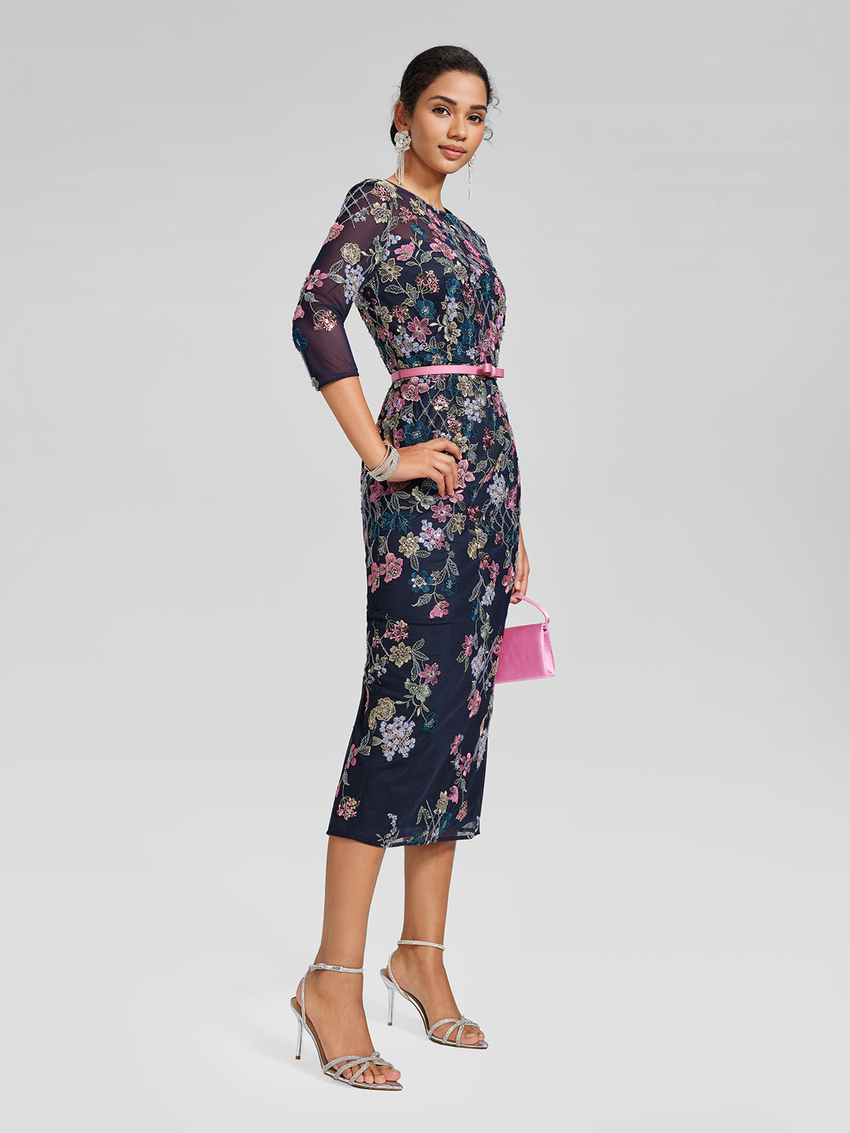 Sequin Embroidered Floral Tulle Dress(Waist Tie Included)