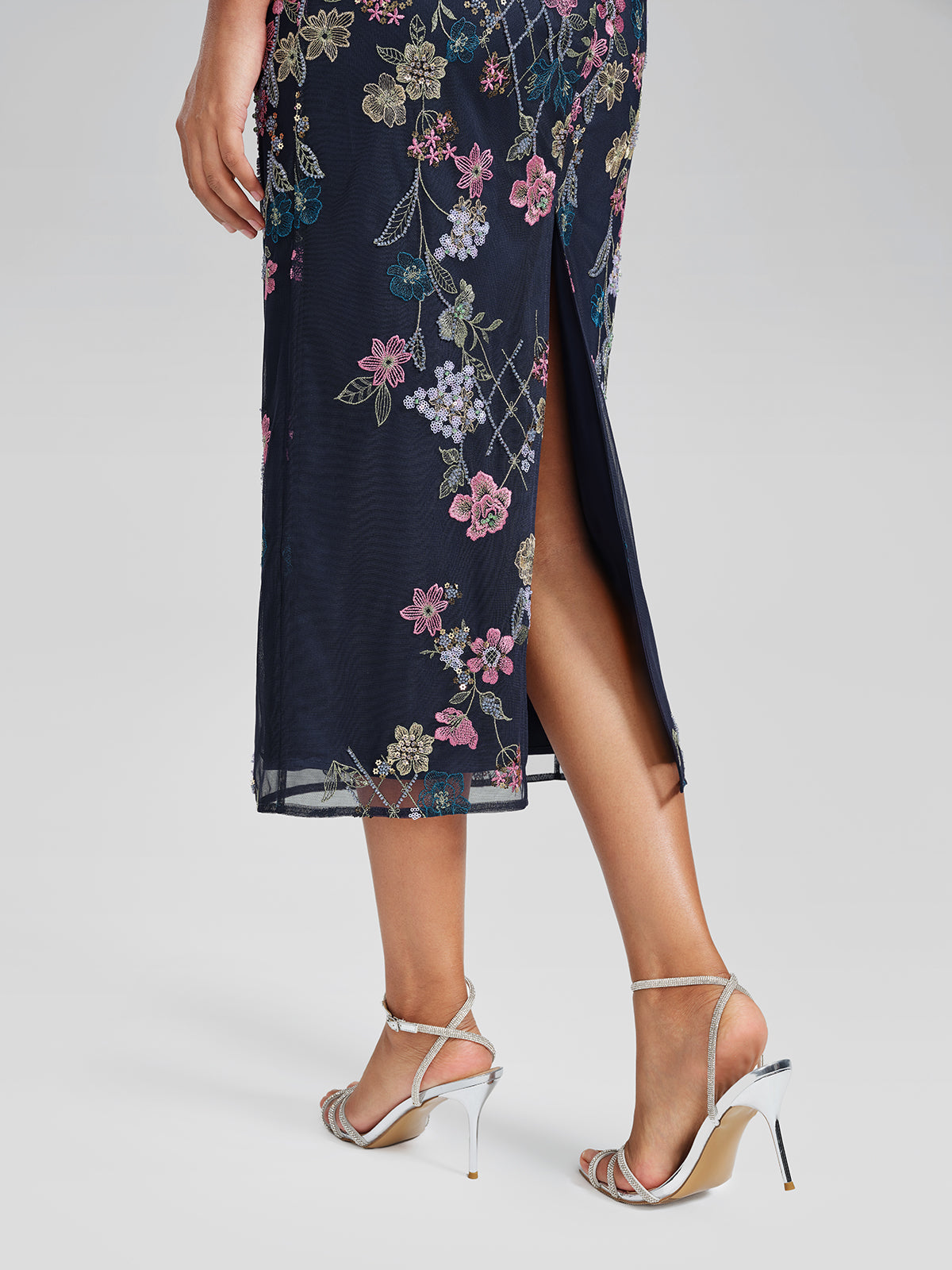 Sequin Embroidered Floral Tulle Dress(Waist Tie Included)