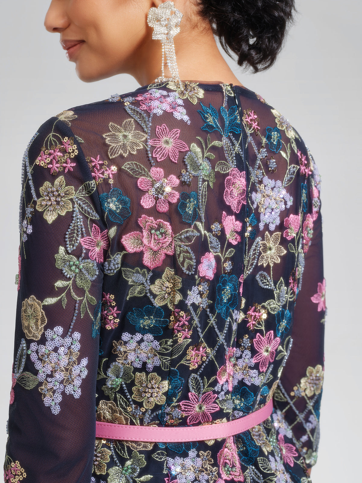 Sequin Embroidered Floral Tulle Dress(Waist Tie Included)