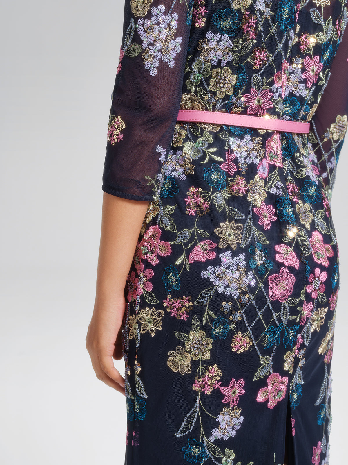 Sequin Embroidered Floral Tulle Dress(Waist Tie Included)