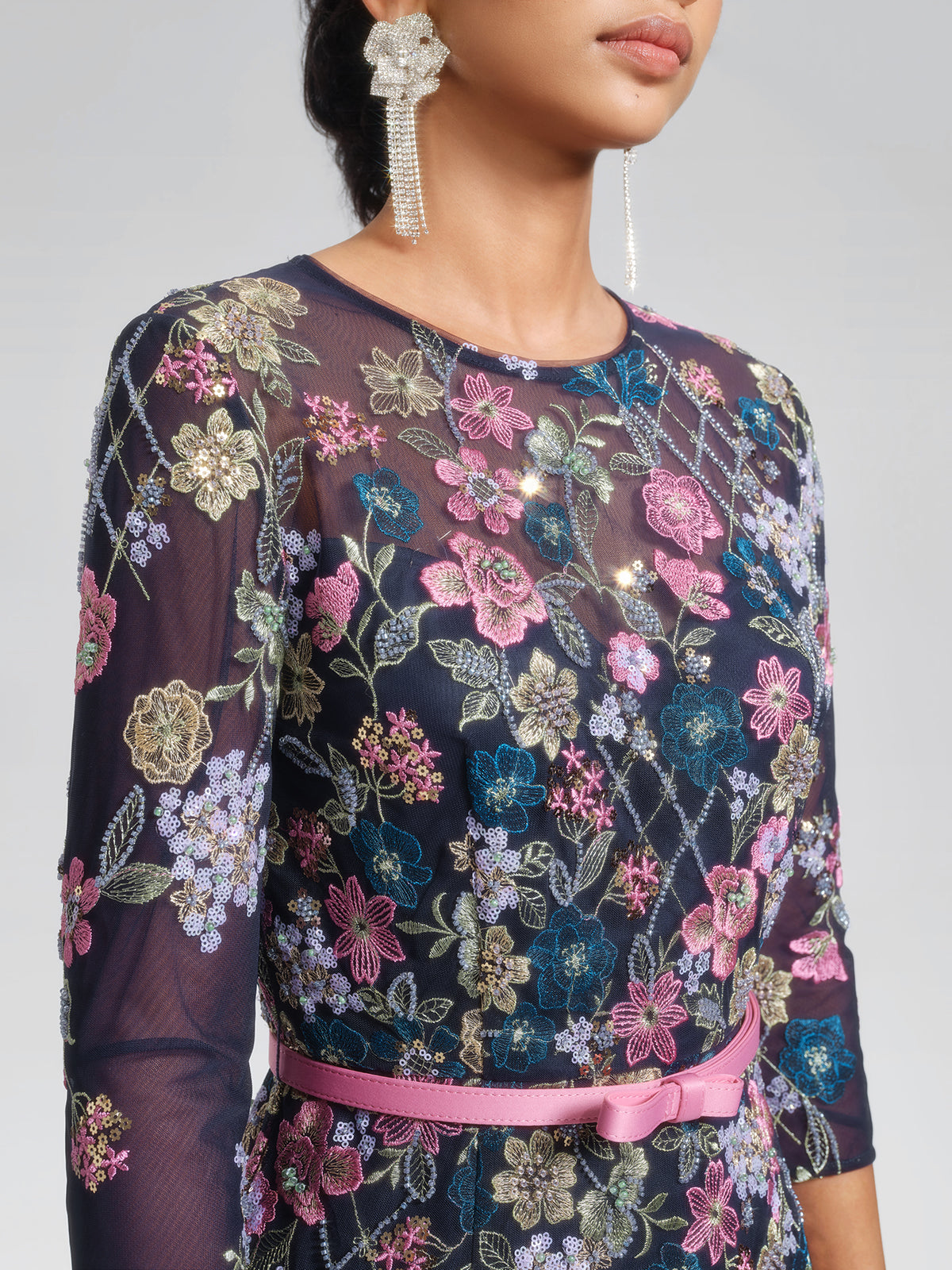 Sequin Embroidered Floral Tulle Dress(Waist Tie Included)