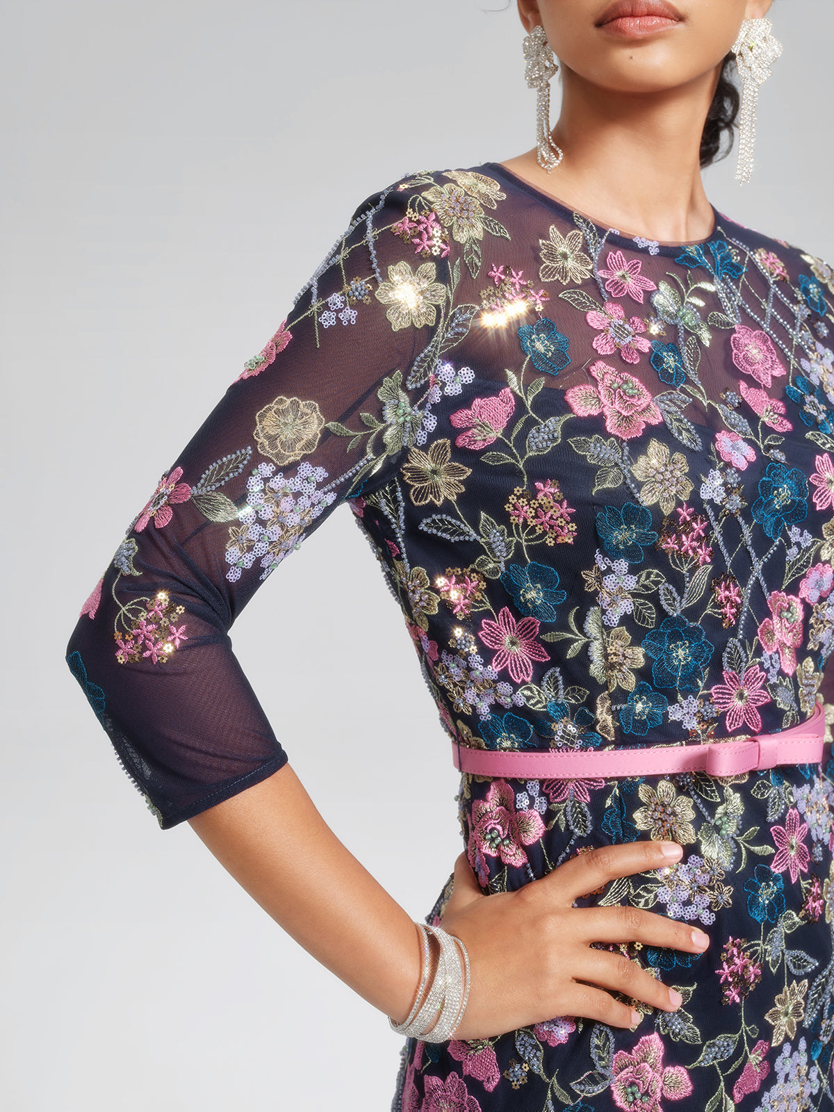 Sequin Embroidered Floral Tulle Dress(Waist Tie Included)