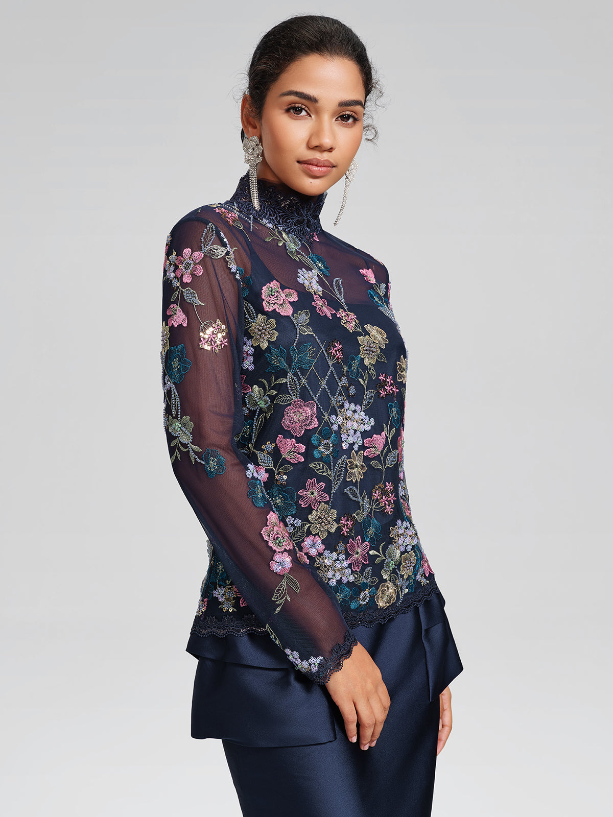 Beaded Floral Embroidery Lace-Panel Blouse (Camisole Included)