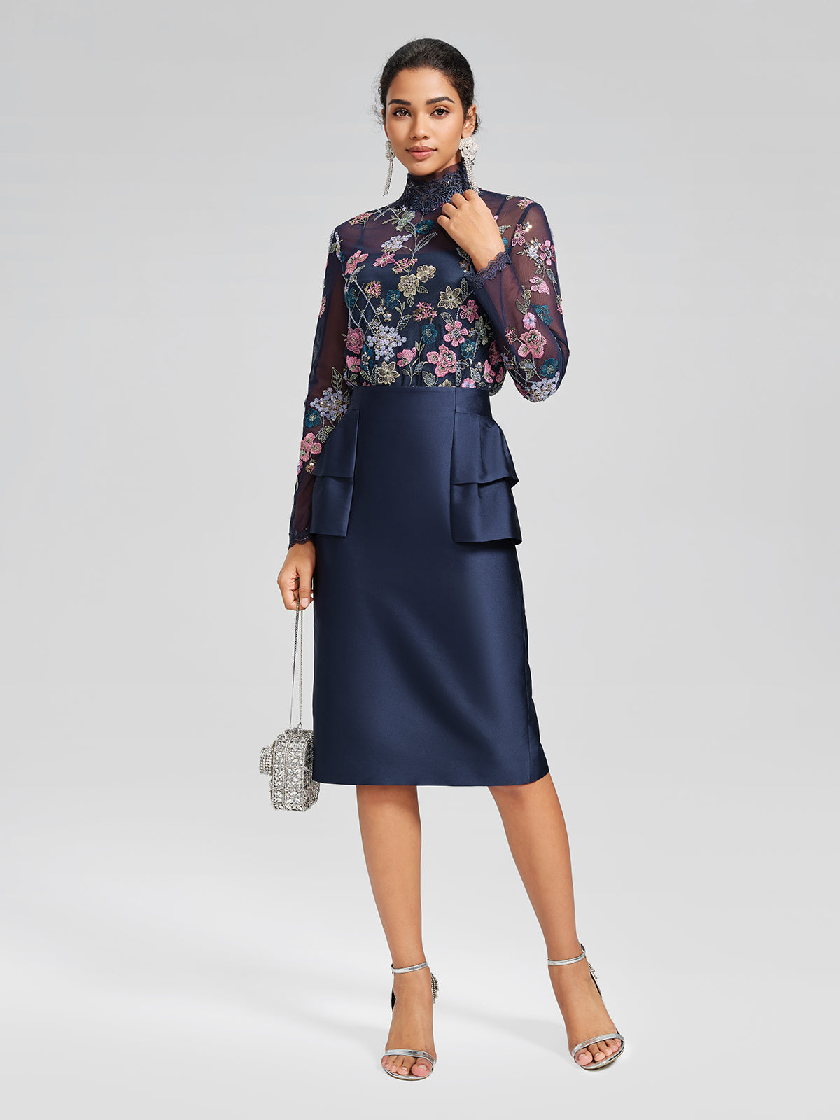 Beaded Floral Embroidery Lace-Panel Blouse (Camisole Included)