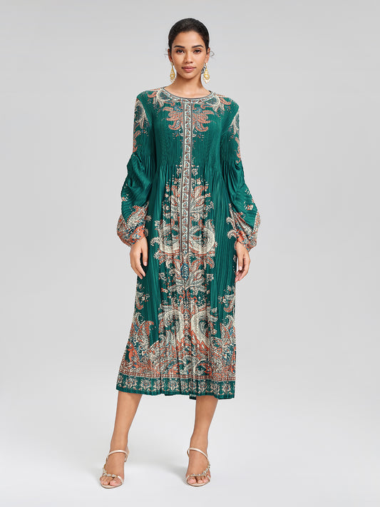 Printed Pleated Lantern Sleeve Dress