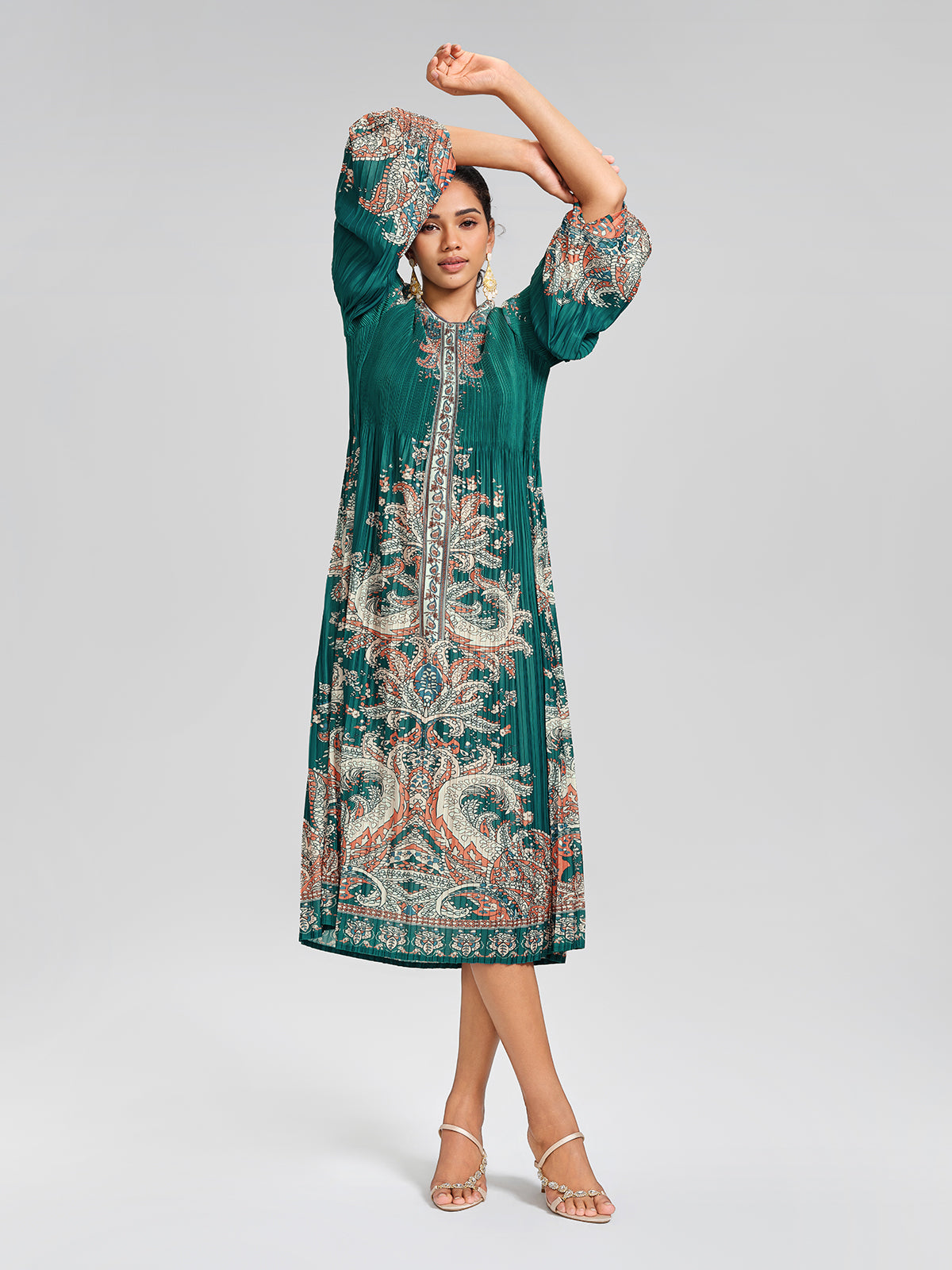 Printed Pleated Lantern Sleeve Dress