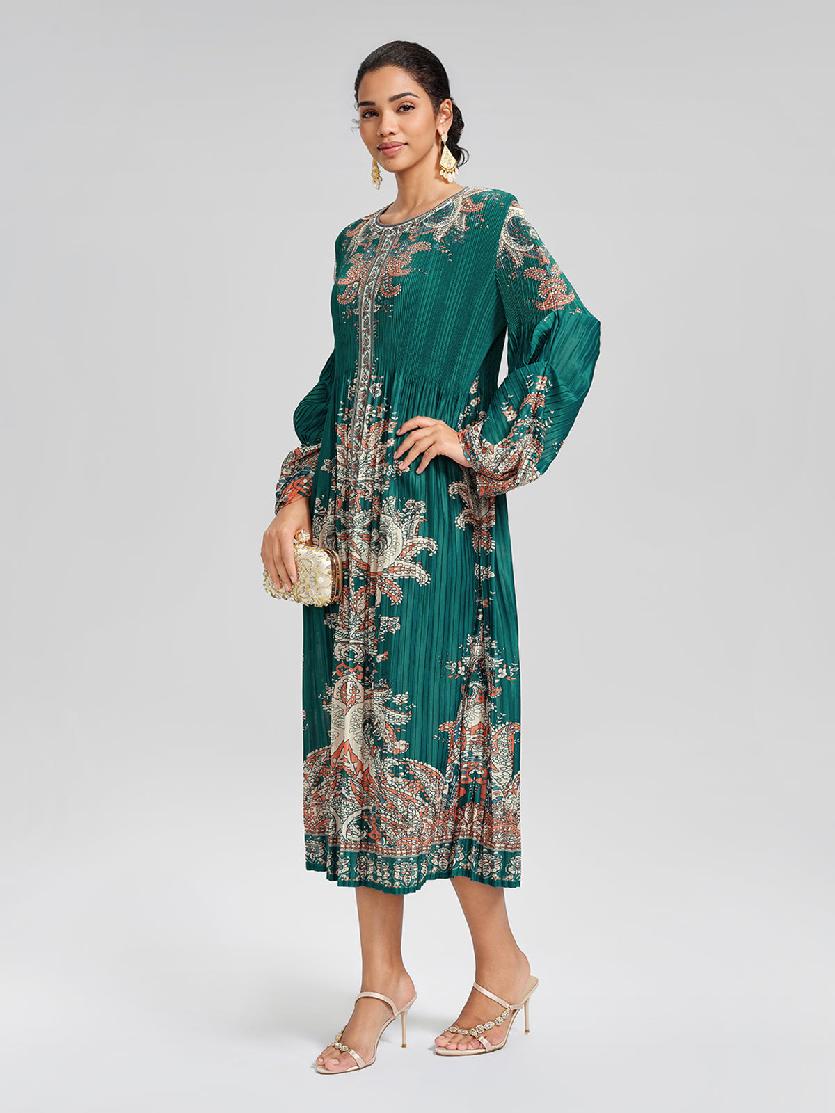 Printed Pleated Lantern Sleeve Dress