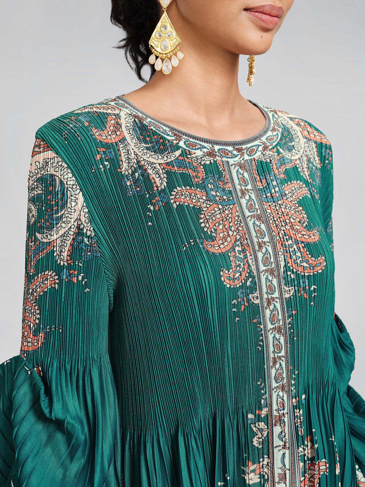 Printed Pleated Lantern Sleeve Dress