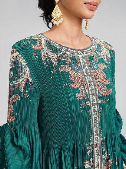 Printed Pleated Lantern Sleeve Dress