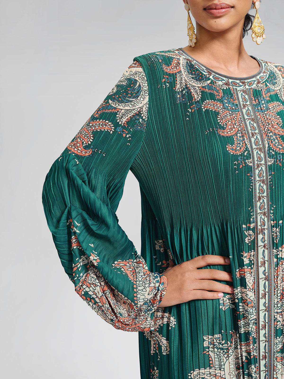 Printed Pleated Lantern Sleeve Dress