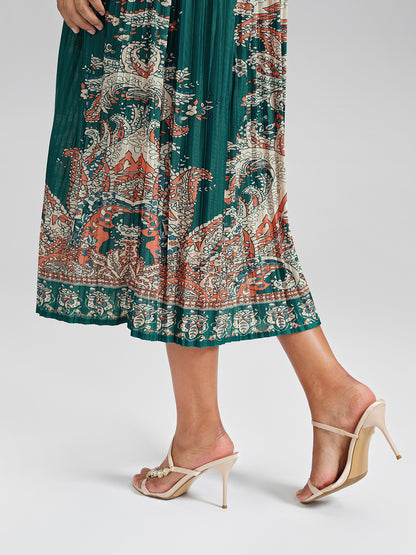 Printed Pleated Lantern Sleeve Dress