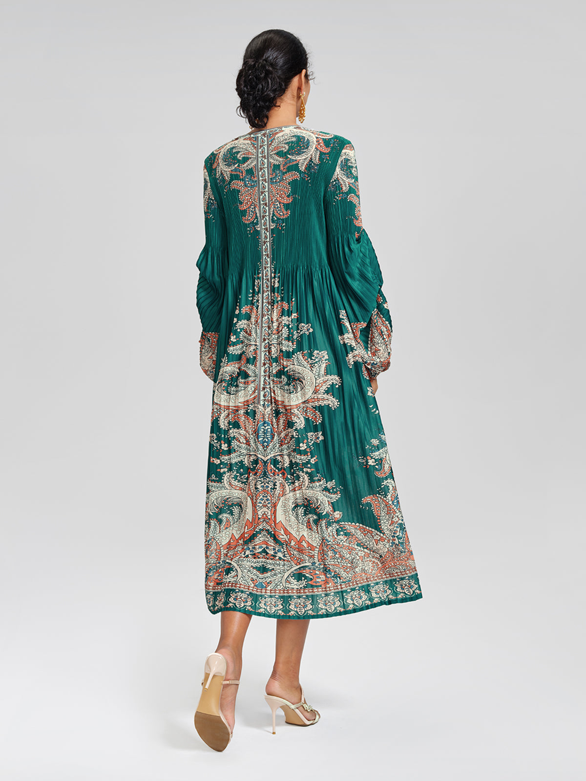 Printed Pleated Lantern Sleeve Dress