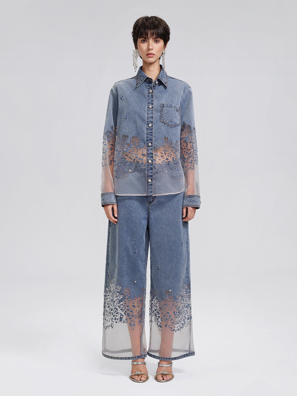 Denim Burnout Mesh Panel Rhinestone Loose Shirt