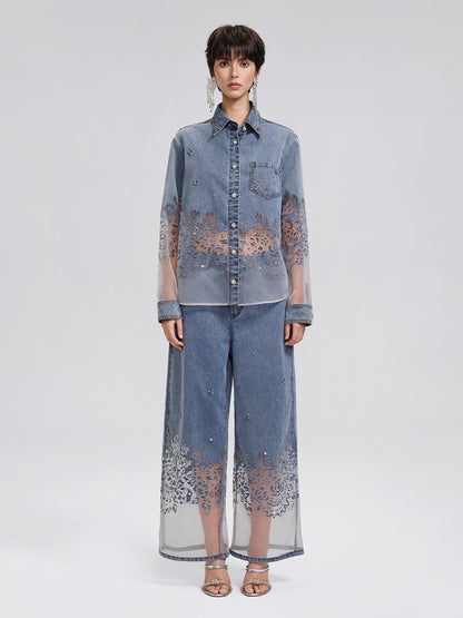 Denim Burnout Mesh Panel Rhinestone High-waist Wide-leg Pants
