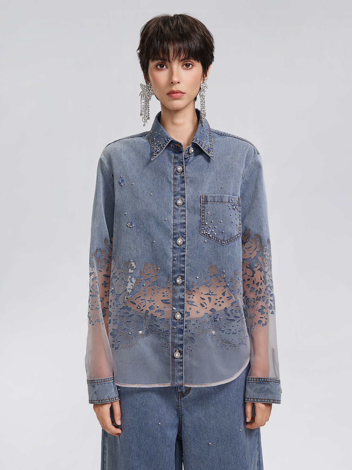Denim Burnout Mesh Panel Rhinestone Loose Shirt