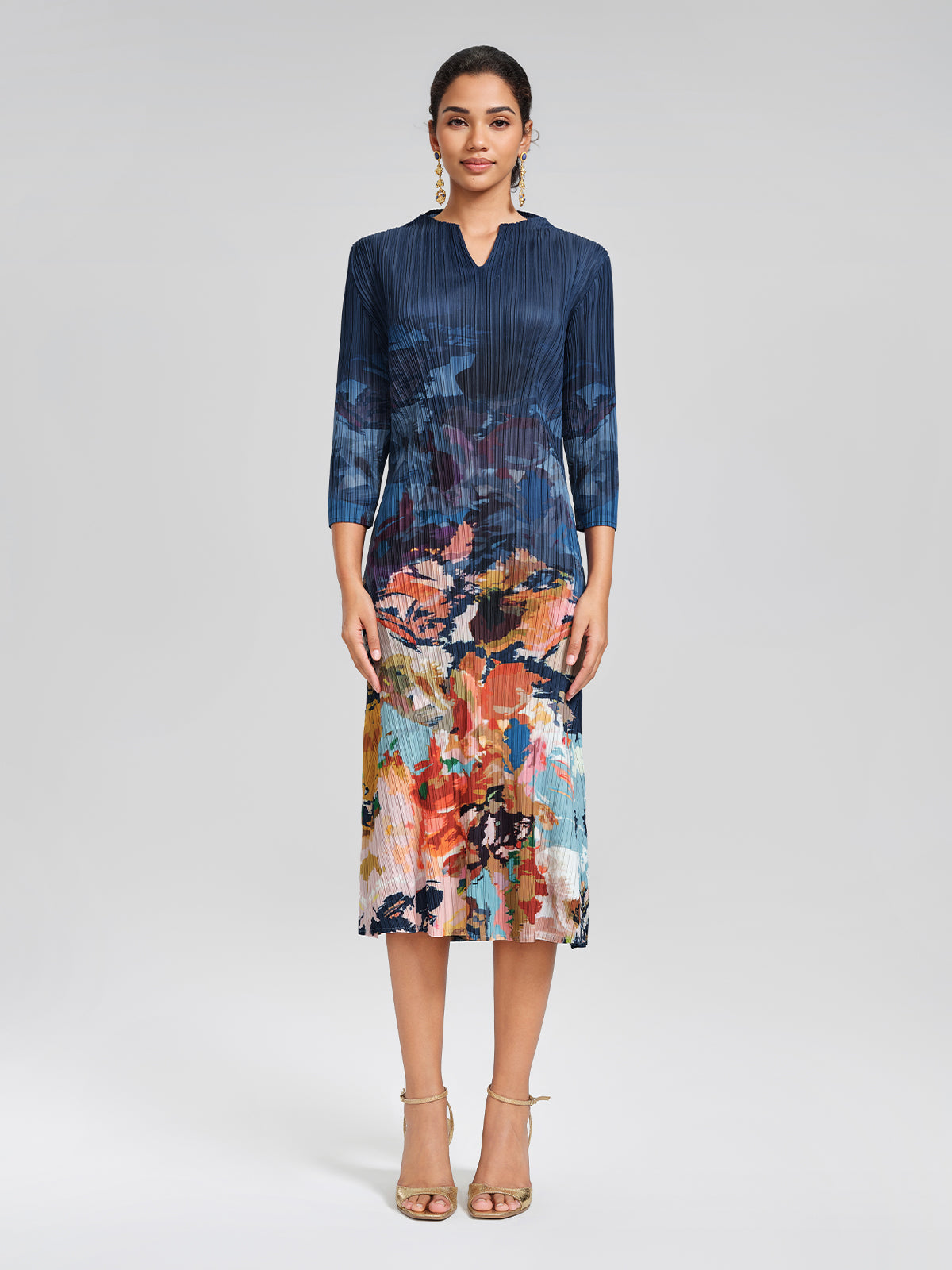 Stretch Pleated Asymmetric Artistic Print Midi Dress