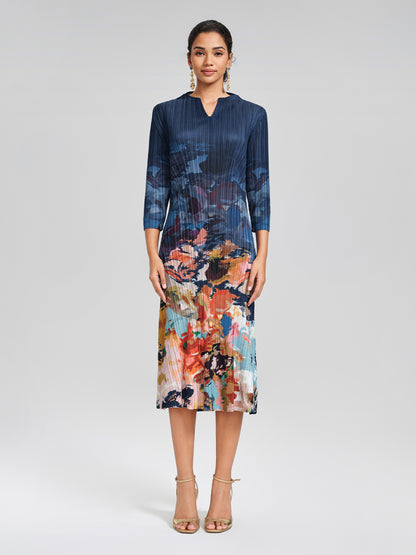 Stretch Pleated Asymmetric Artistic Print Dress