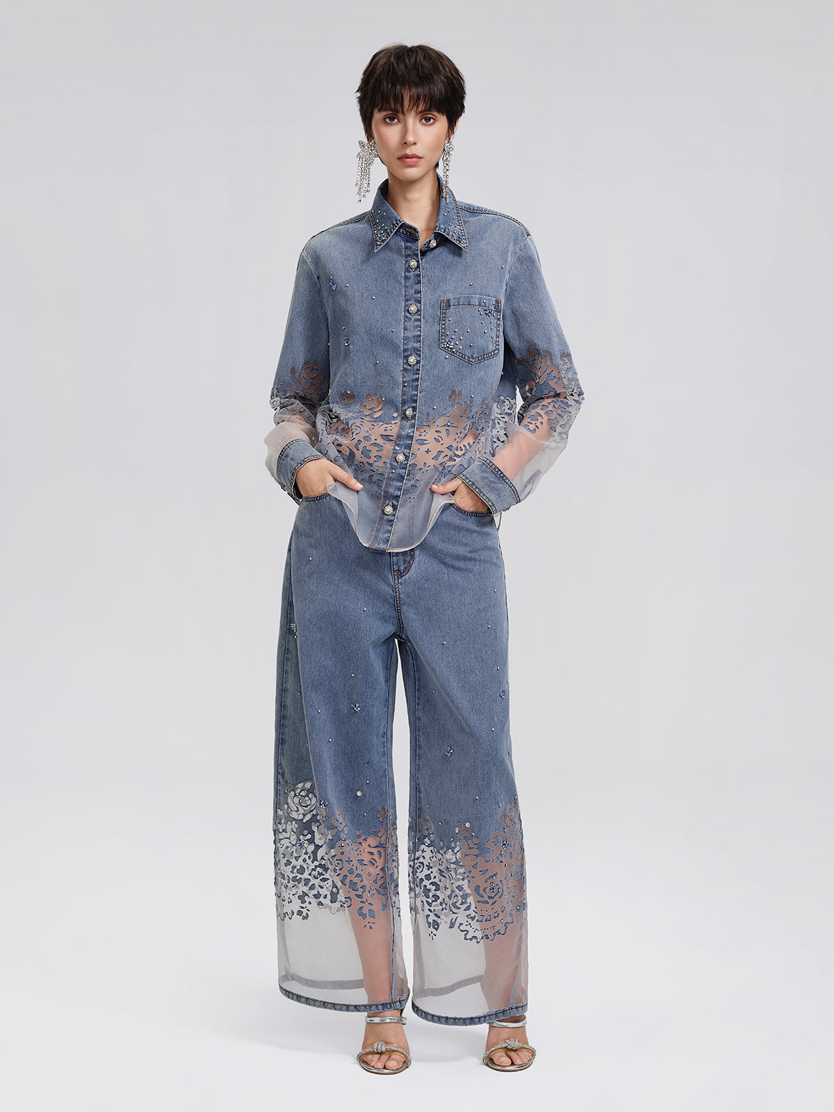 Denim Burnout Mesh Panel Rhinestone Loose Shirt