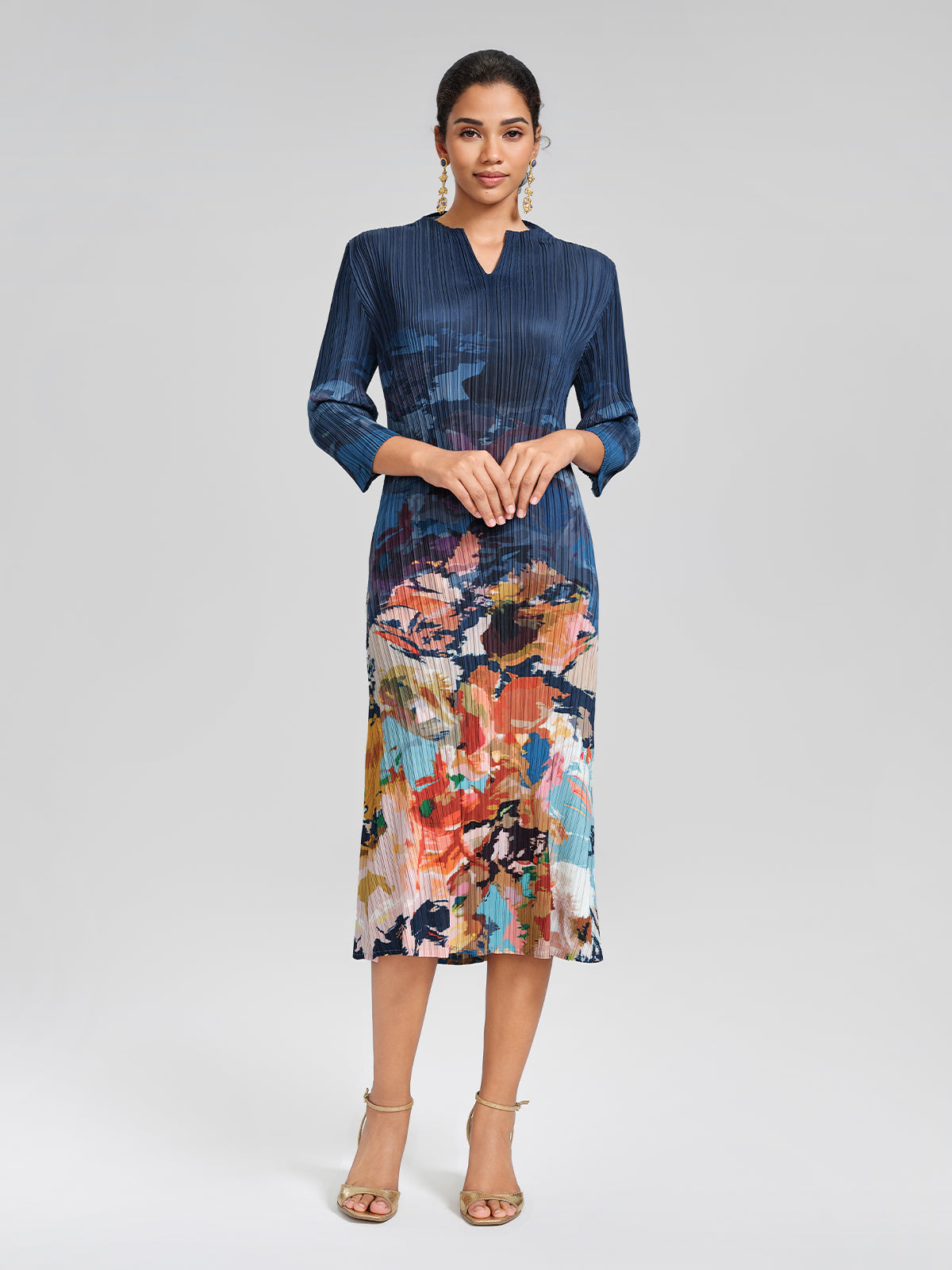Stretch Pleated Asymmetric Artistic Print Dress