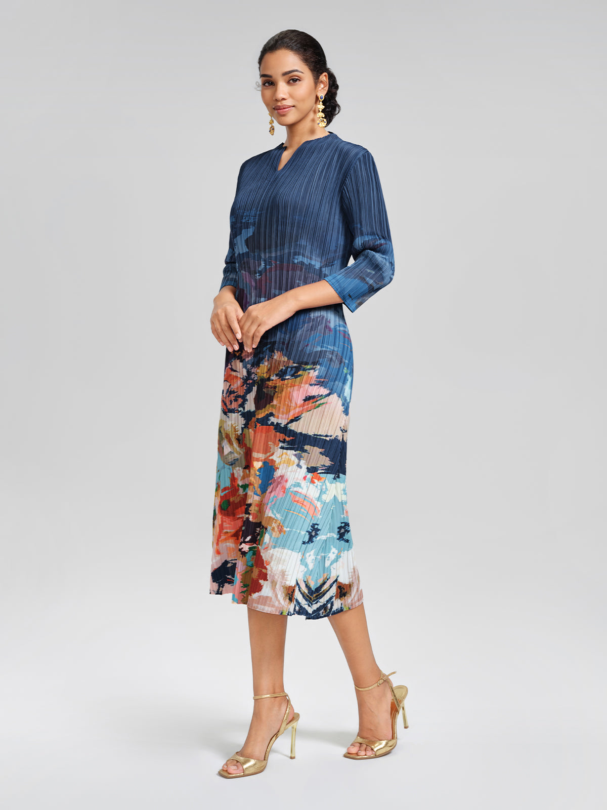 Stretch Pleated Asymmetric Artistic Print Dress