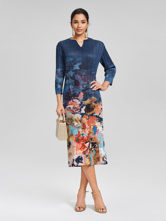 Stretch Pleated Asymmetric Artistic Print Dress