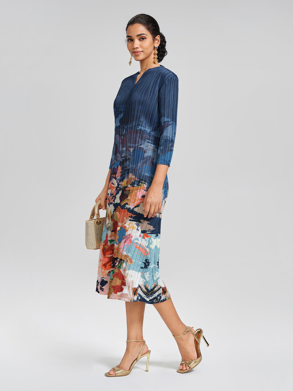 Stretch Pleated Asymmetric Artistic Print Dress