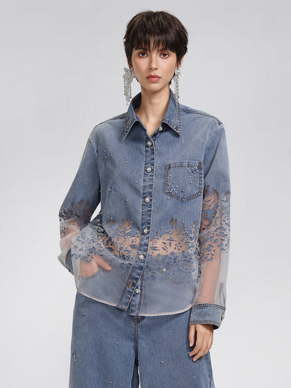 Denim Burnout Mesh Panel Rhinestone Loose Shirt