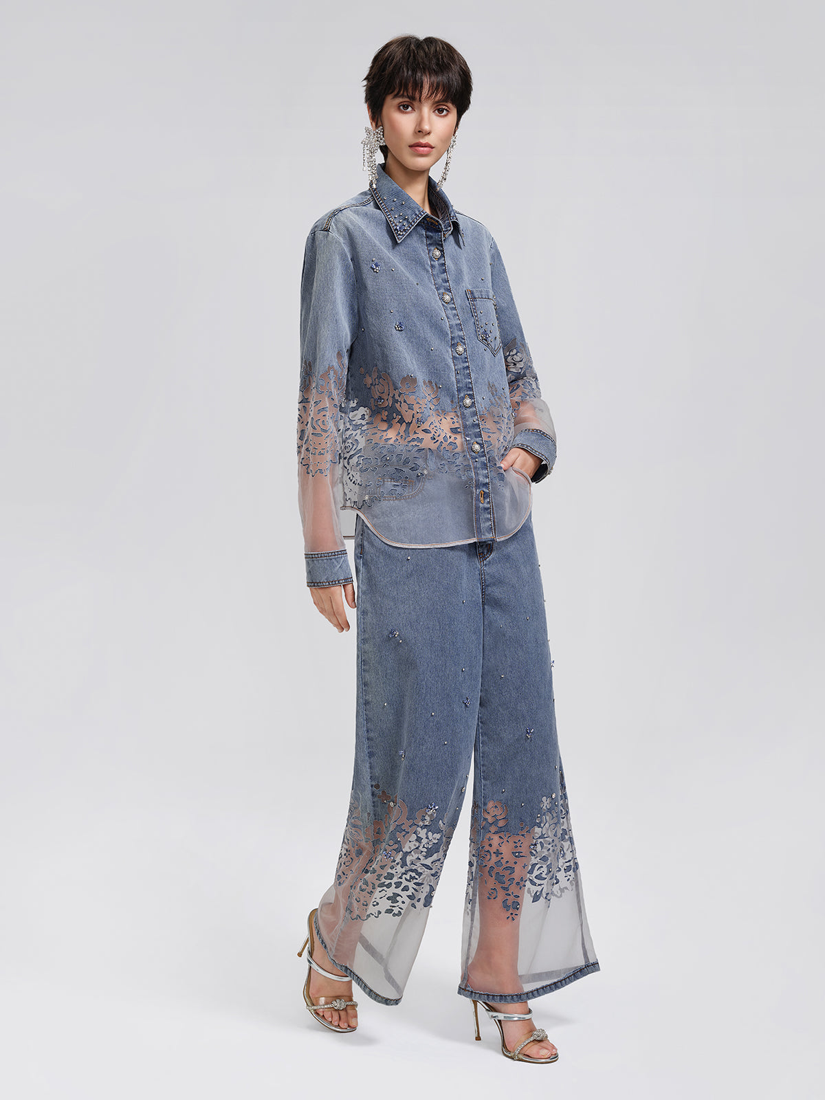 Denim Burnout Mesh Panel Rhinestone High-waist Wide-leg Pants