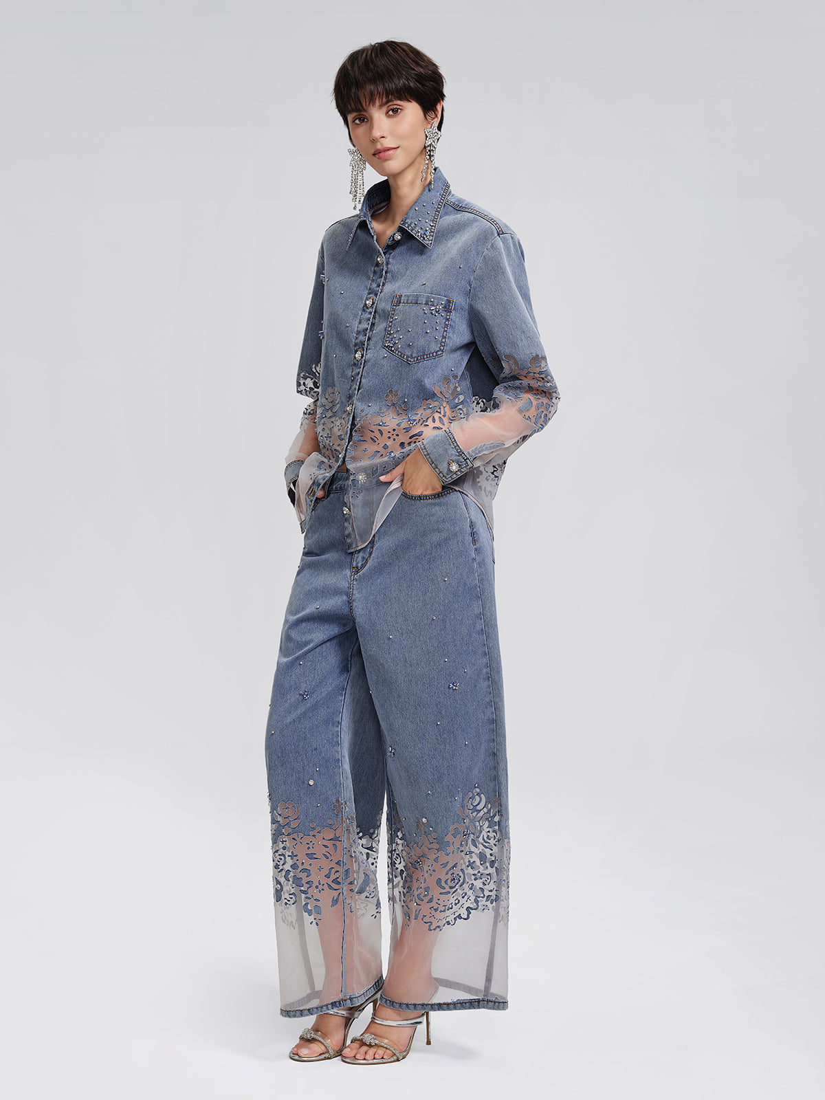 Denim Burnout Mesh Panel Rhinestone High-waist Wide-leg Pants