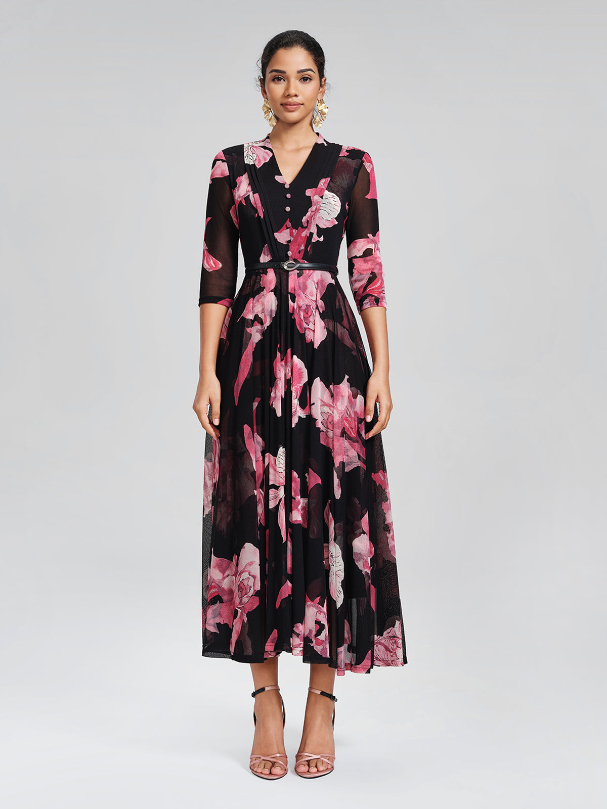 Floral Mesh Pleated V-Neck Dress (Belt Included)