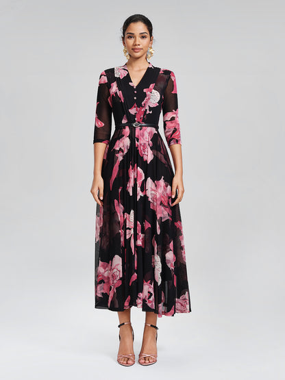 Floral Mesh Pleated V-Neck Dress (Belt Included)