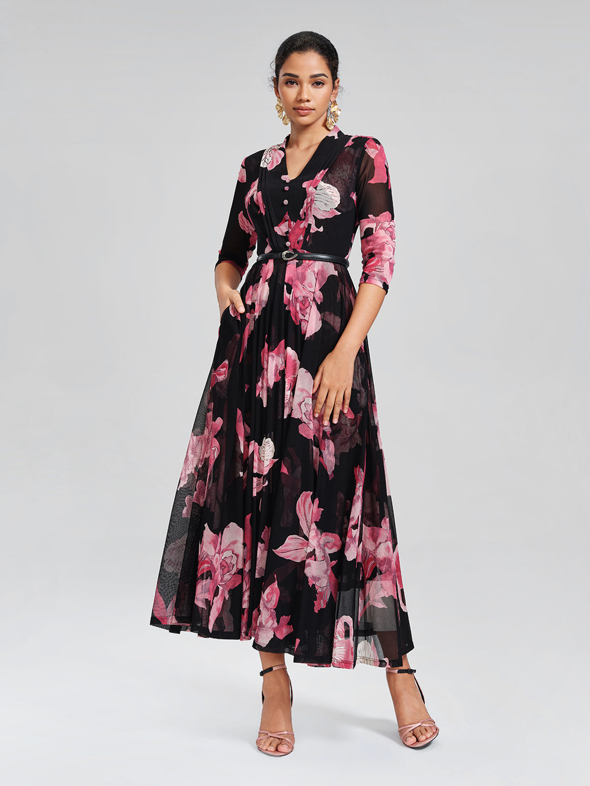 Floral Mesh Pleated V-Neck Dress (Belt Included)