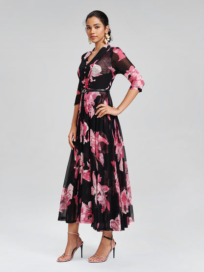 Floral Mesh Pleated V-Neck Dress (Belt Included)