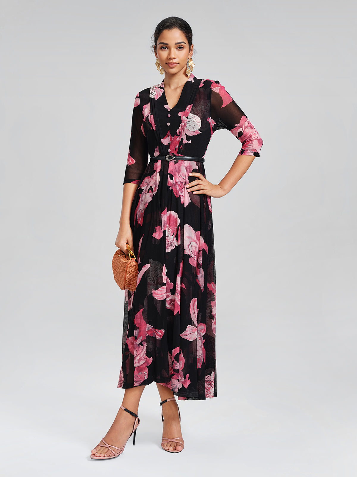Floral Mesh Pleated V-Neck Dress (Belt Included)