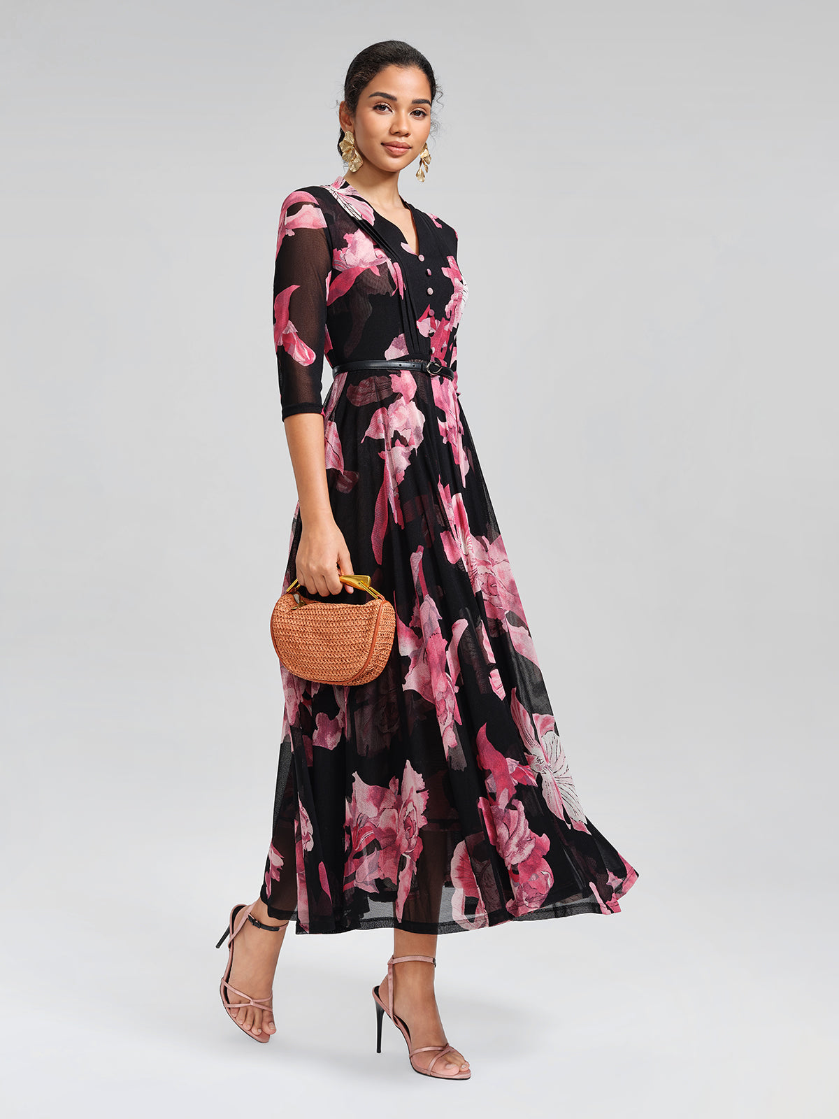 Floral Mesh Pleated V-Neck Dress (Belt Included)