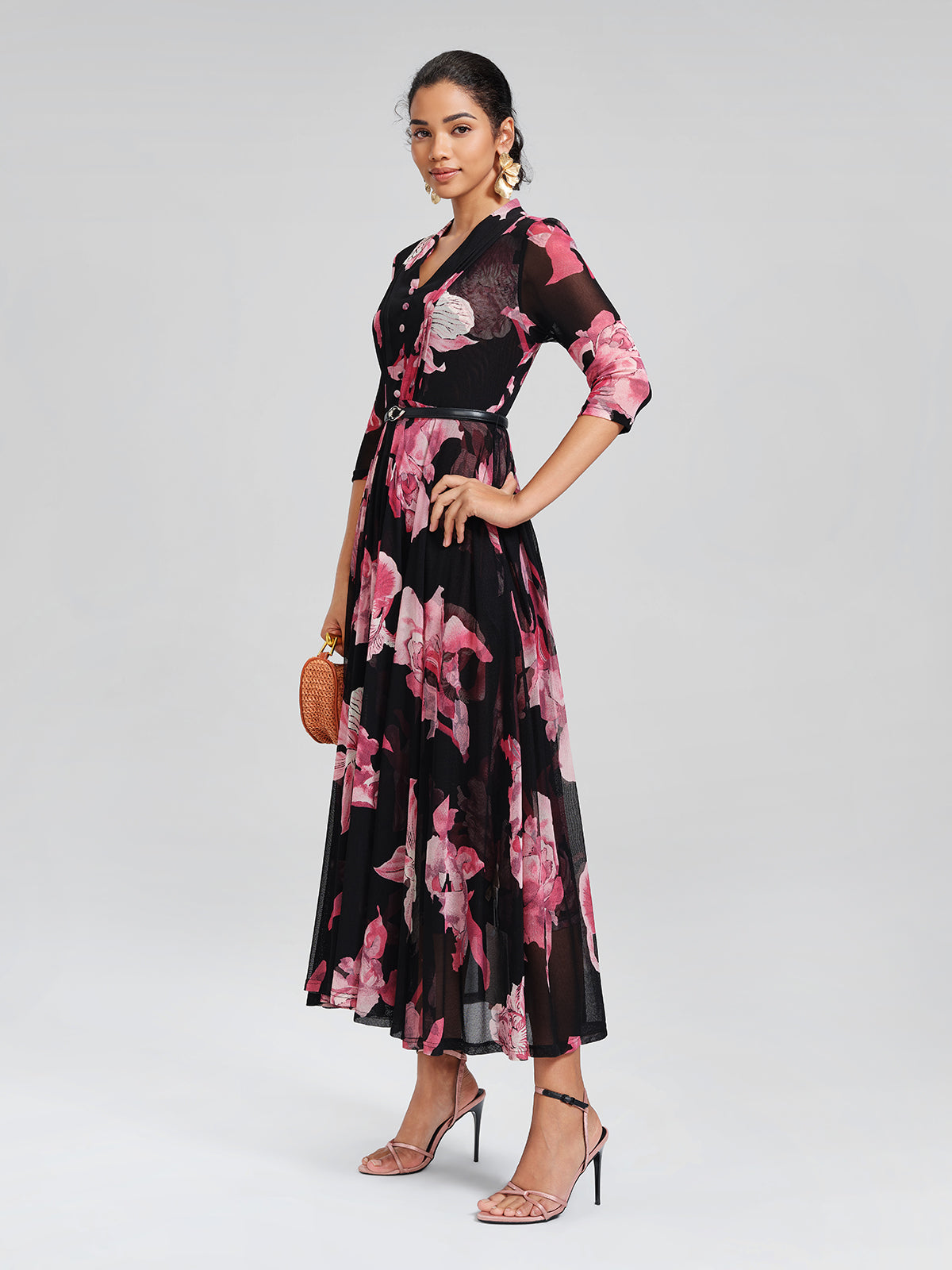 Floral Mesh Pleated V-Neck Dress (Belt Included)
