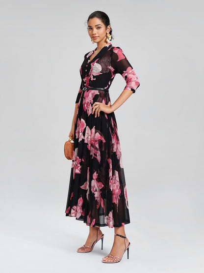 Floral Mesh Pleated V-Neck Dress (Belt Included)