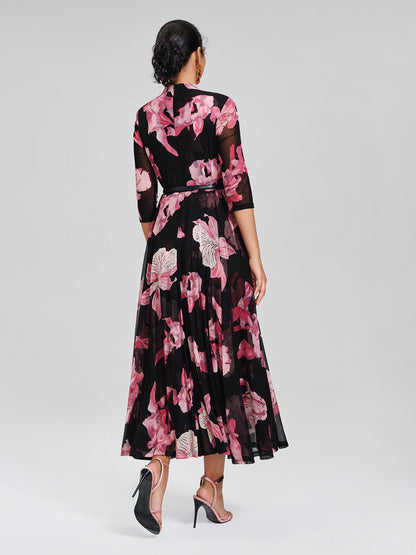 Floral Mesh Pleated V-Neck Dress (Belt Included)