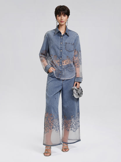 Denim Burnout Mesh Panel Rhinestone High-waist Wide-leg Pants